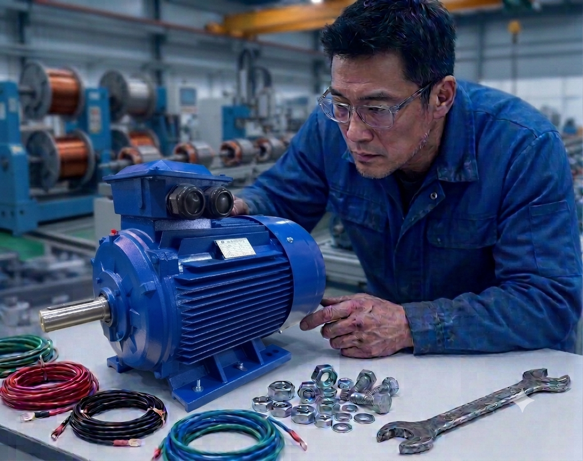 Engineer measuring a custom electric motor with calipers and technical drawings
