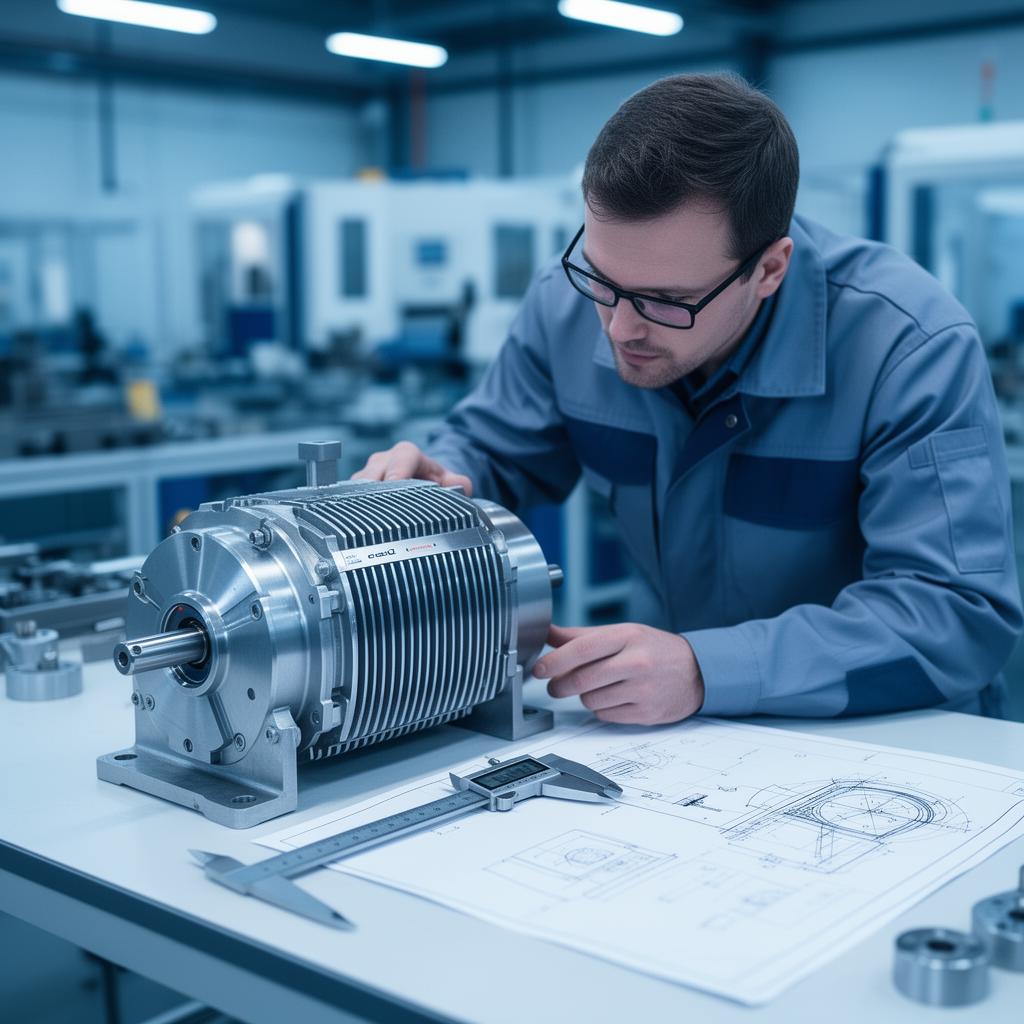 Engineer measuring a custom electric motor with calipers and technical drawings