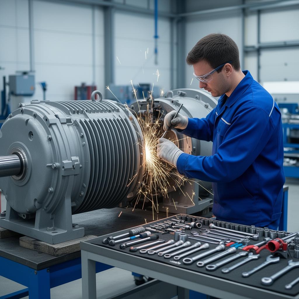 Technician servicing an industrial electric motor in a modern repair workshop